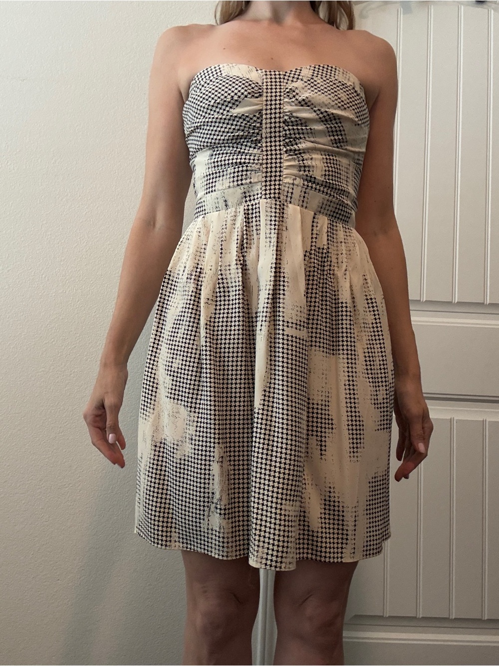 Parker Strapless Black and Cream Printed Sundress
